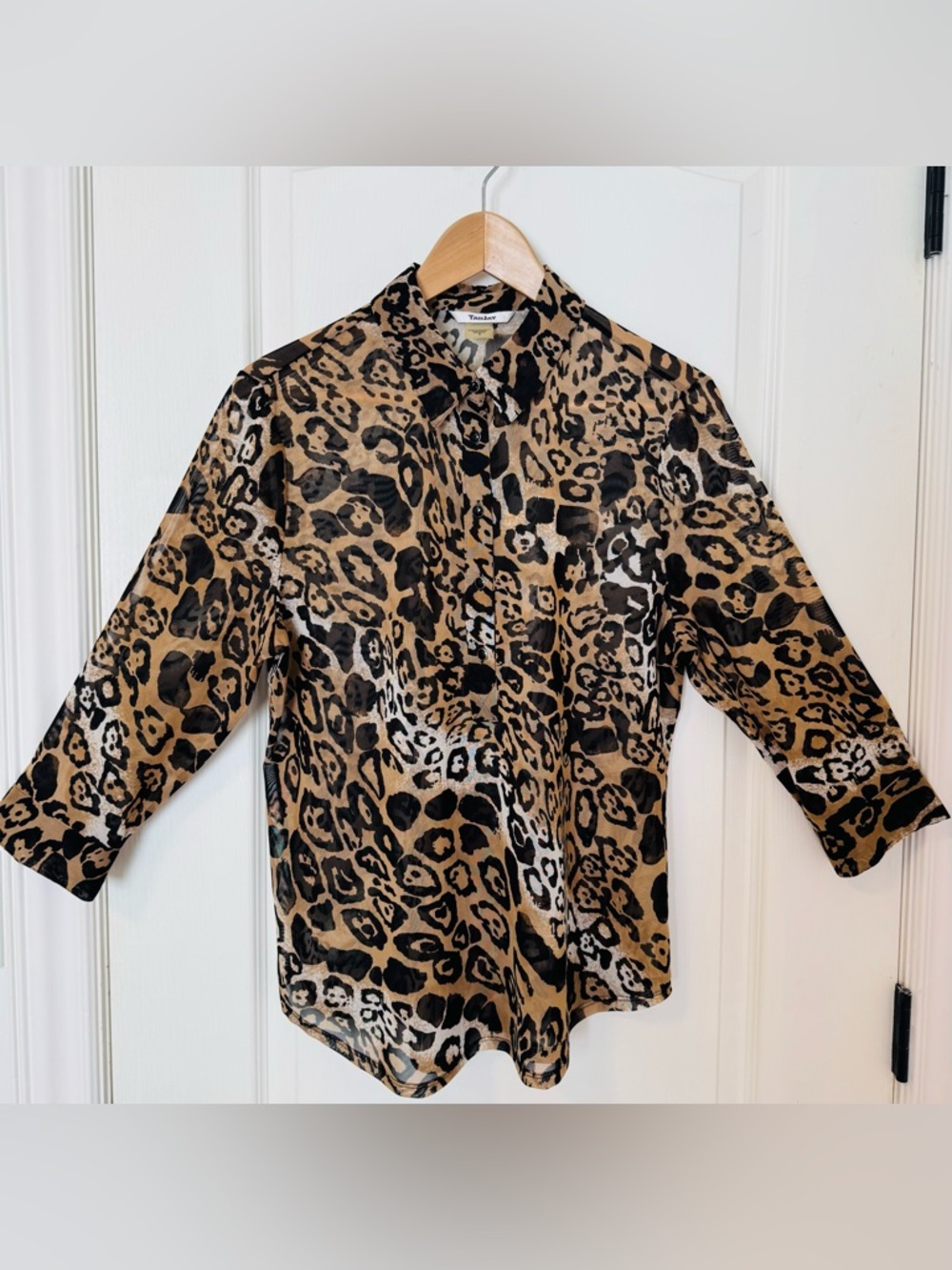 TanJay Leopard Print Semi Sheer Blouse Pop-Over Size 8